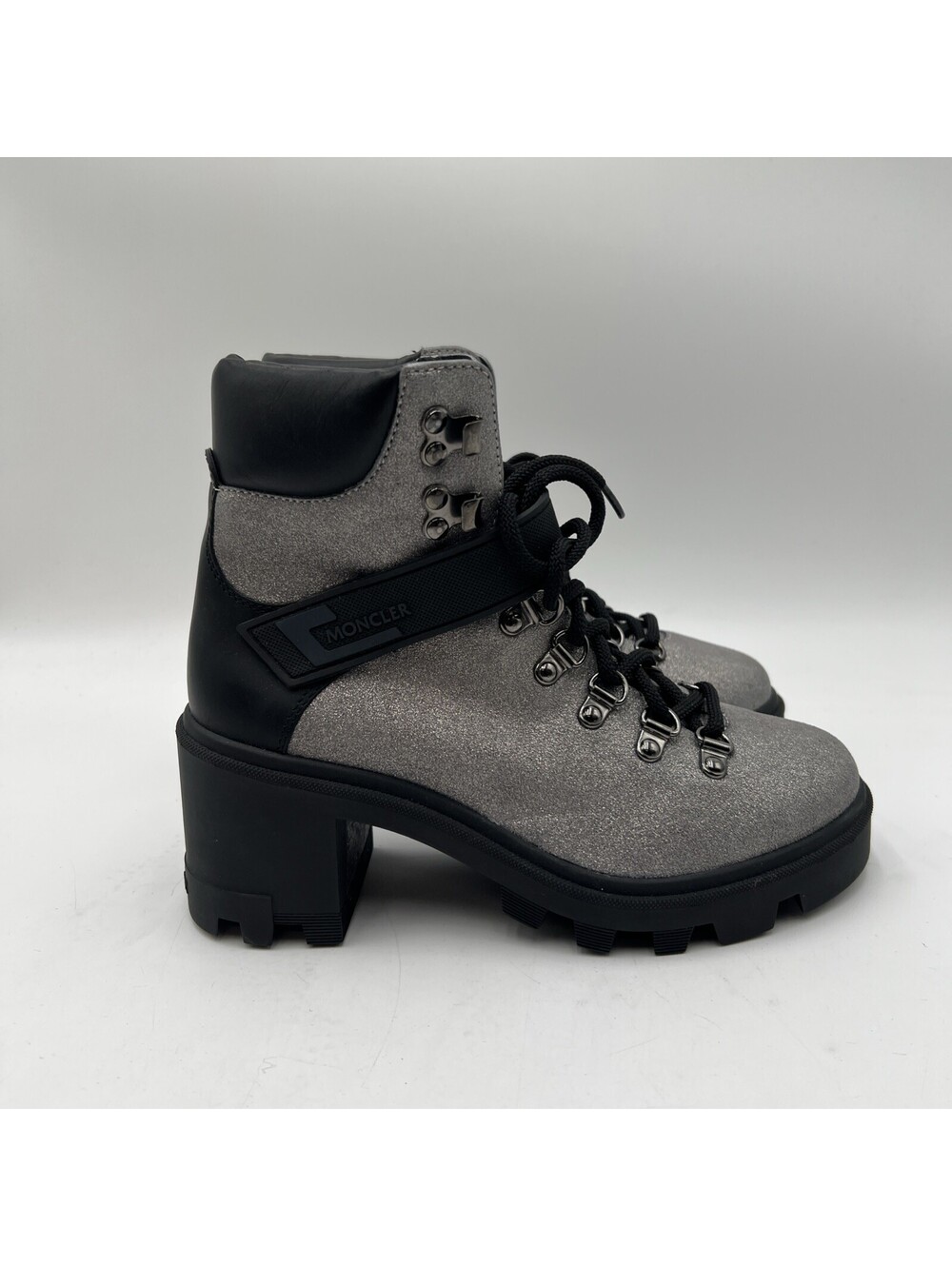 Women’s MONCLER Carol Shimmery Lace Up Ankle Strap Combat Boots Gray Size 35.5
